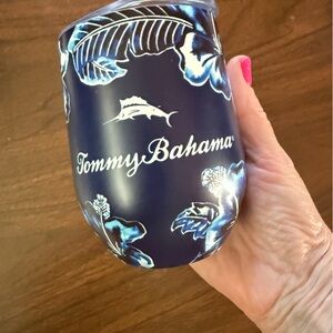Tommy Bahama Blue and White Hawaiian Double Wall Insulated Wine Travel Cup